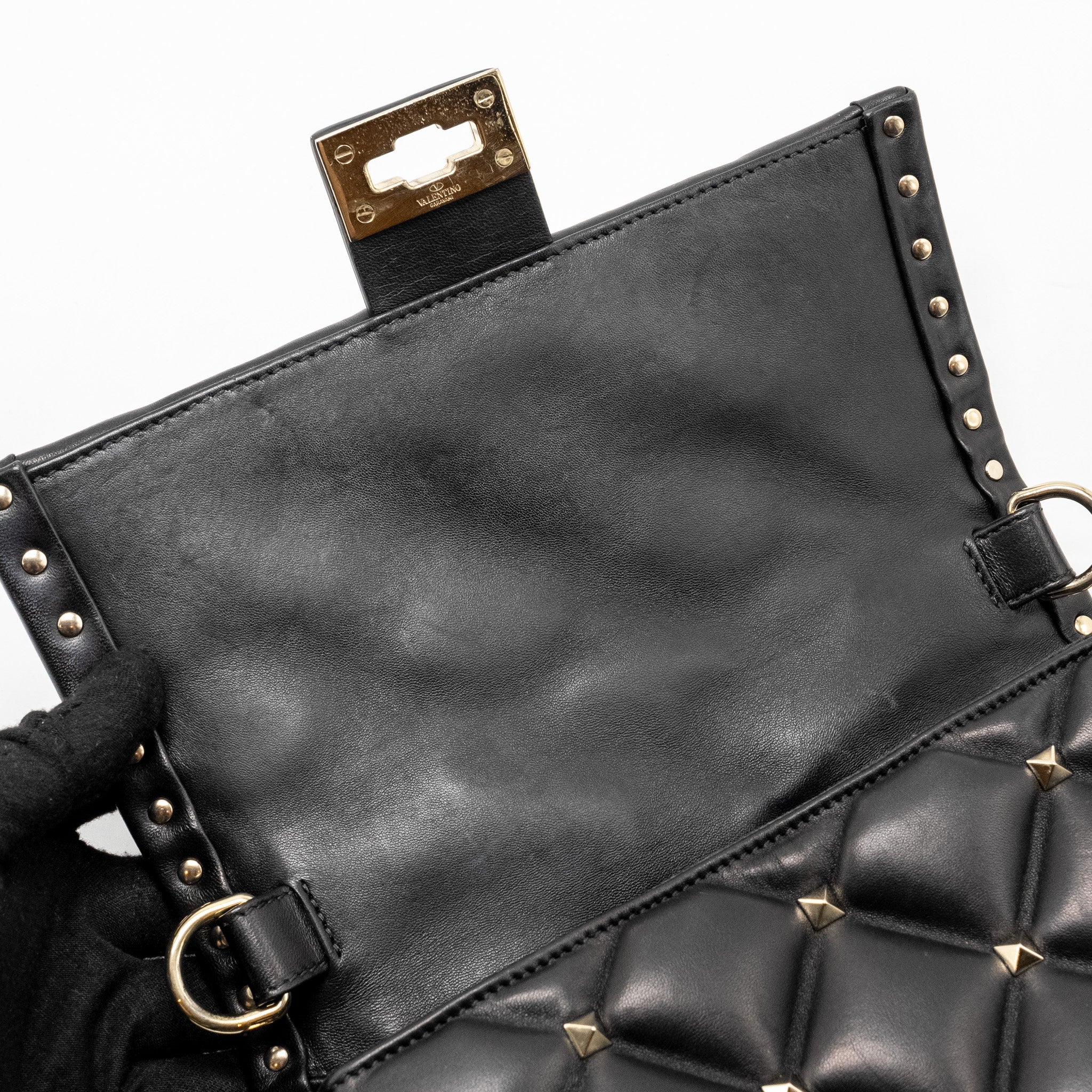 VALENTINO TOP HANDLE QUILTED CANDYSTUD FLAP BAG LAMBSKIN BLACK LGHW