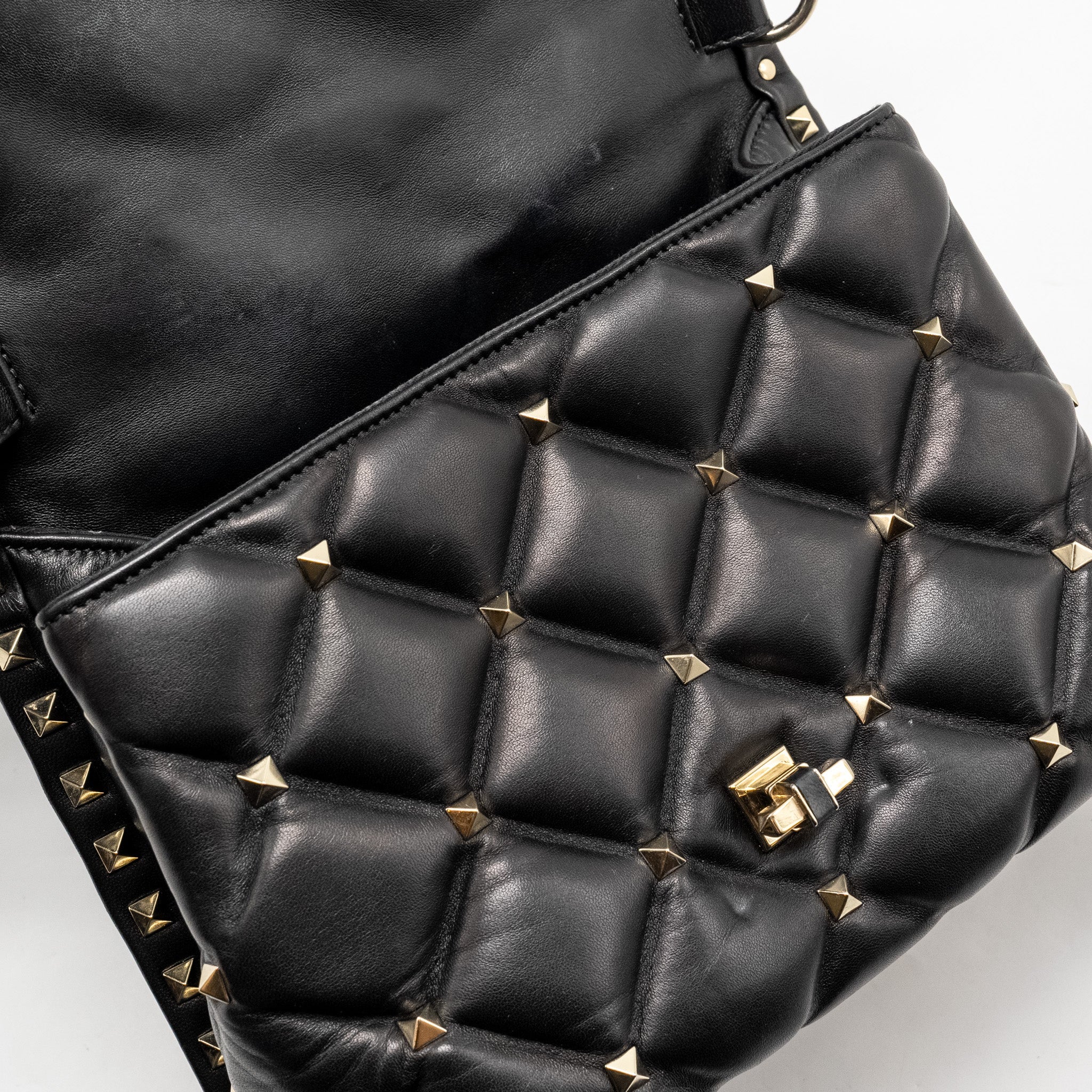 VALENTINO TOP HANDLE QUILTED CANDYSTUD FLAP BAG LAMBSKIN BLACK LGHW