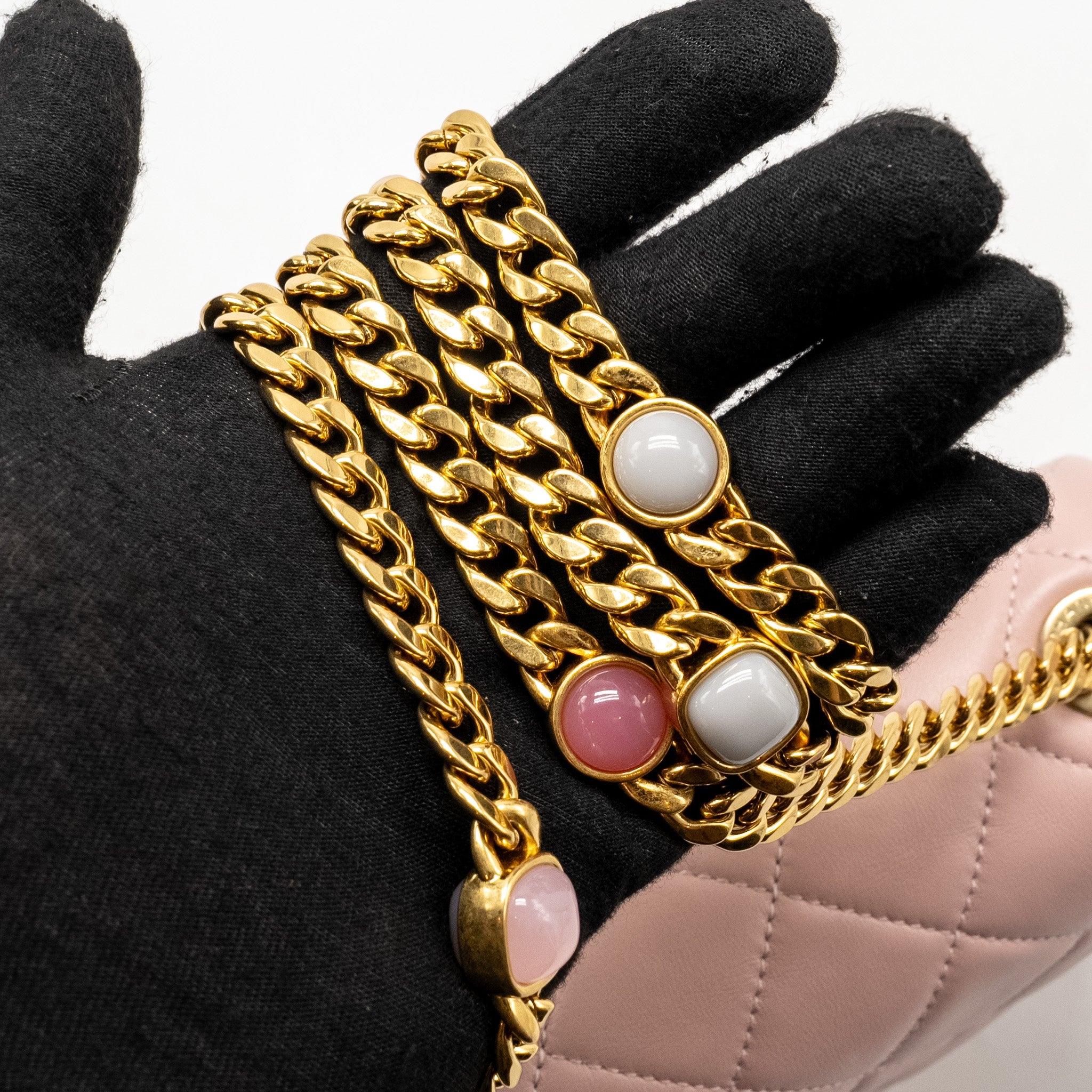 CHANEL 22B FLAP BAG WITH GEM CHAIN LAMBSKIN DUST PINK GHW (MICROCHIP)