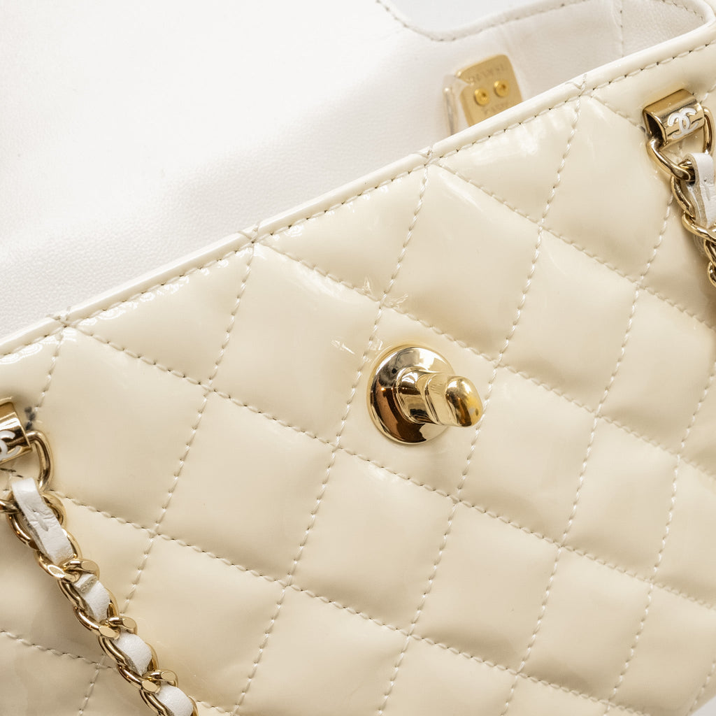 CHANEL SEASONAL SQUARE FLAP BAG WITH CHAIN PATENT WHITE LGHW (MICROCHIP)