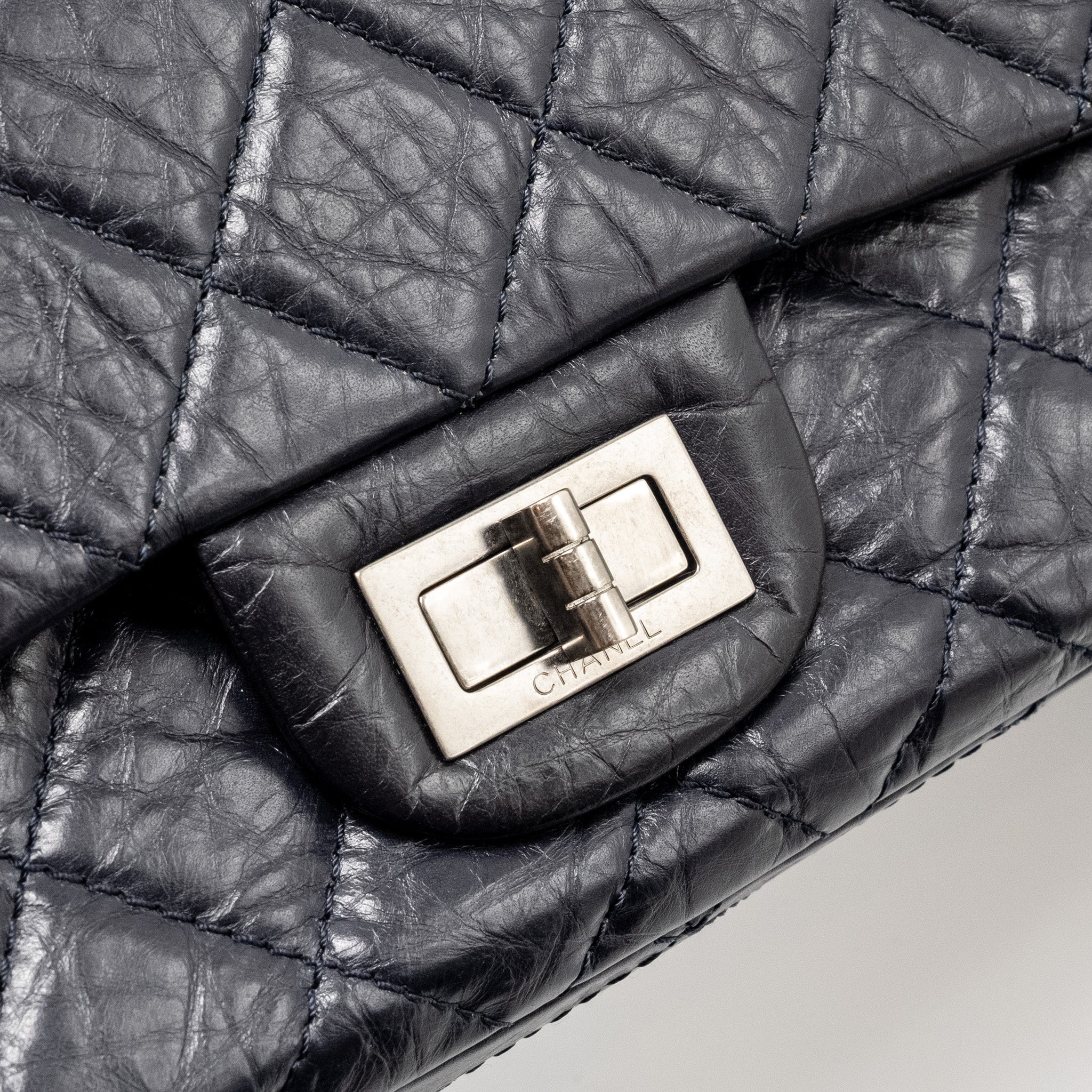 CHANEL MAXI 2.55 REISSUE FLAP BAG AGED CALFSKIN DARK BLUE RUTHENIUM HARDWARE