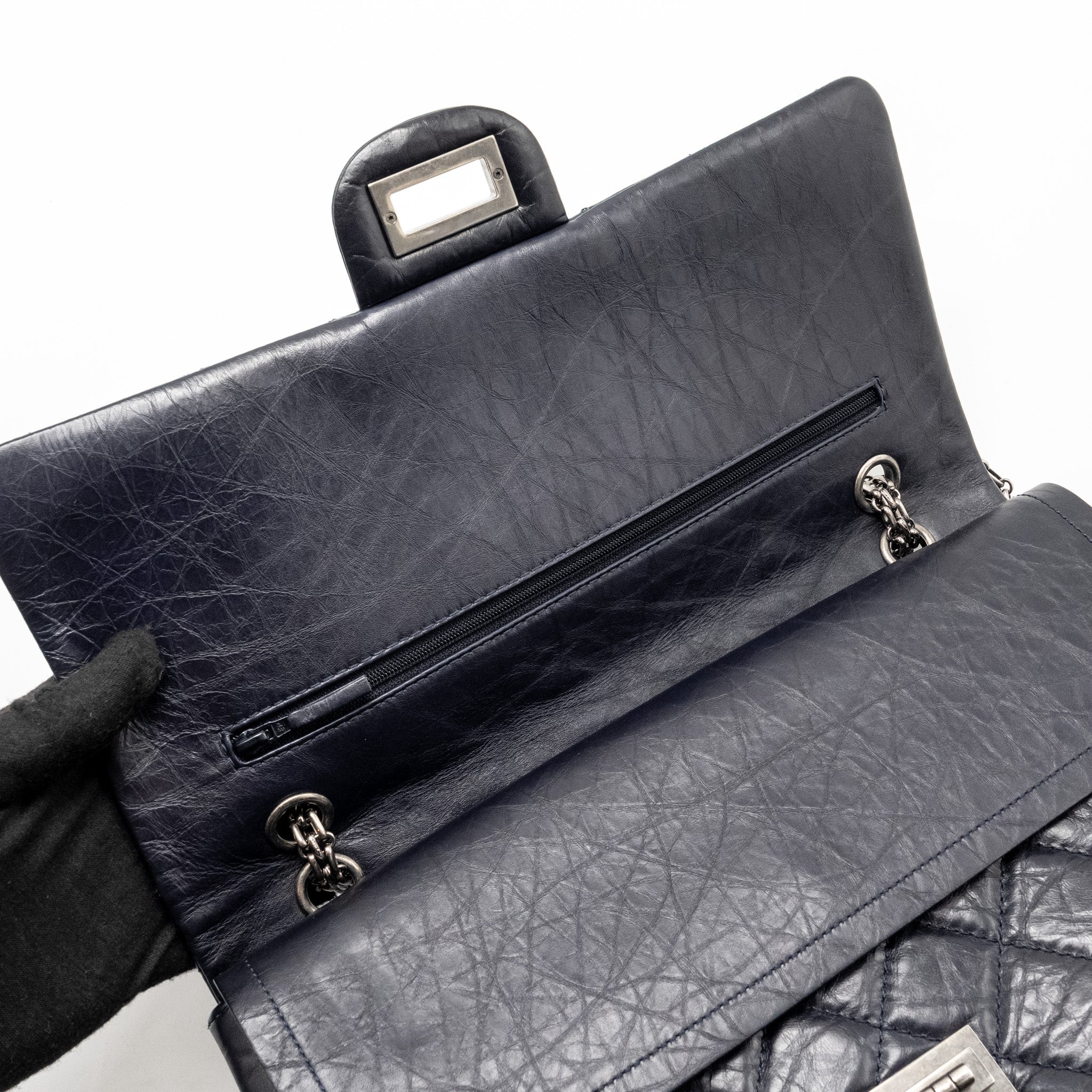 CHANEL MAXI 2.55 REISSUE FLAP BAG AGED CALFSKIN DARK BLUE RUTHENIUM HARDWARE