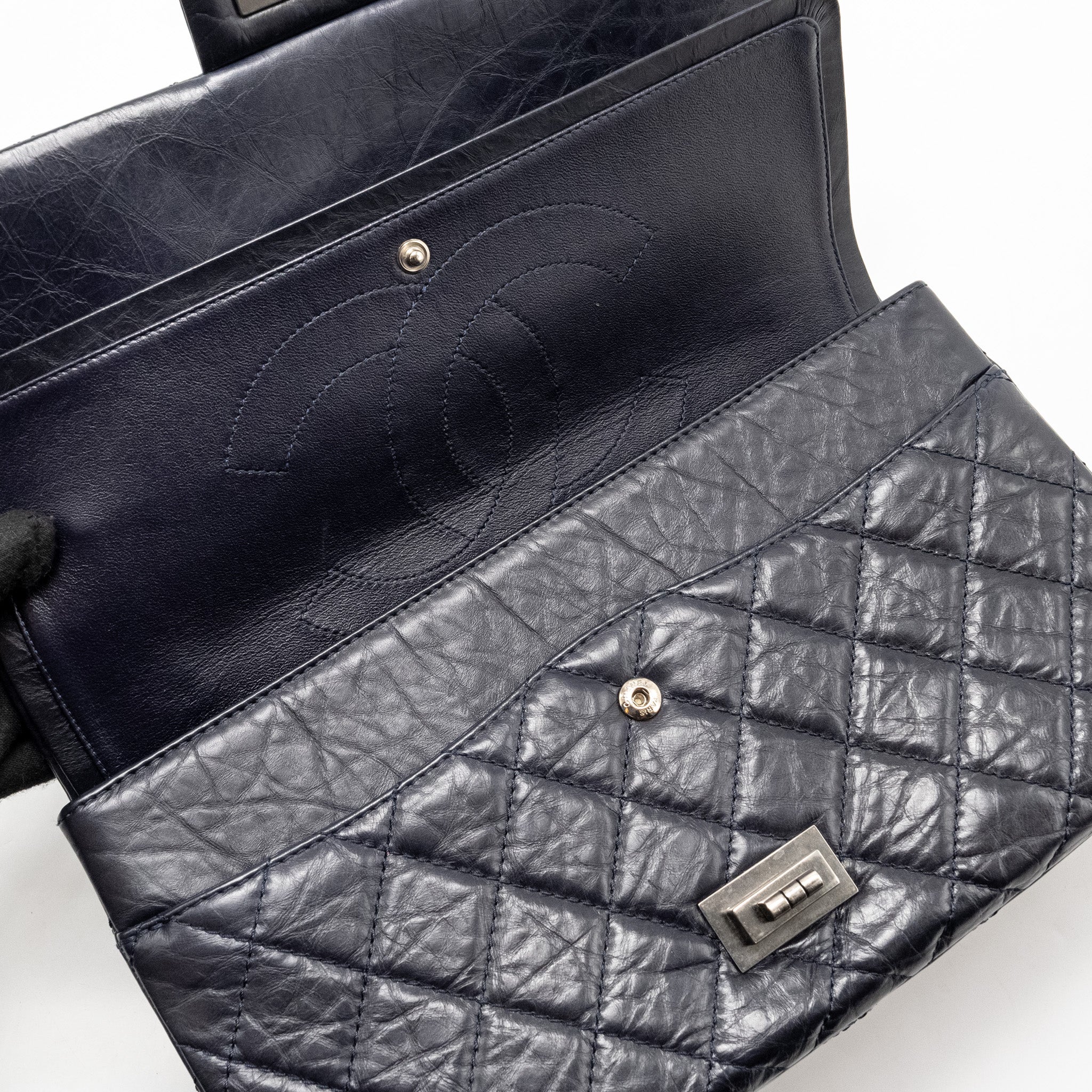 CHANEL MAXI 2.55 REISSUE FLAP BAG AGED CALFSKIN DARK BLUE RUTHENIUM HARDWARE