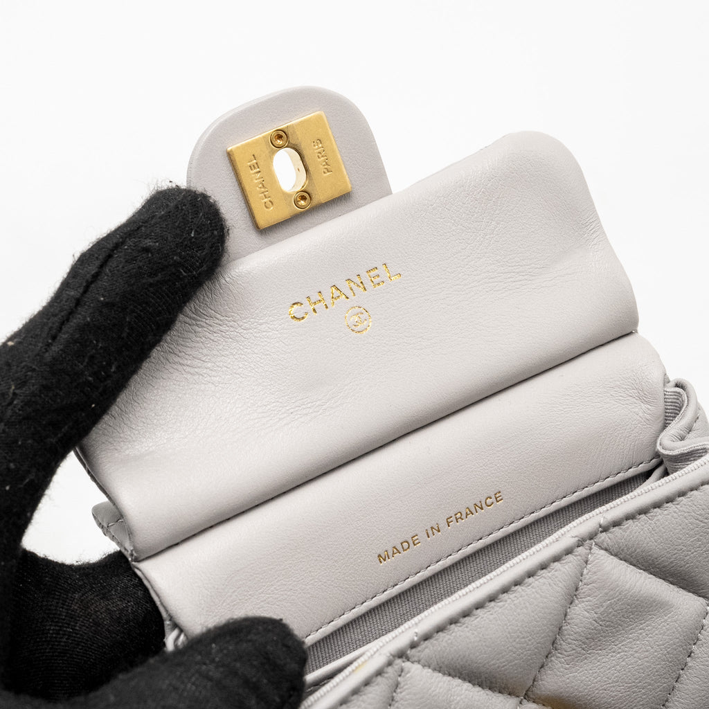 CHANEL MINI QUILTED FLAP CARD HOLDER WITH CHAIN LAMBSKIN GREY GHW