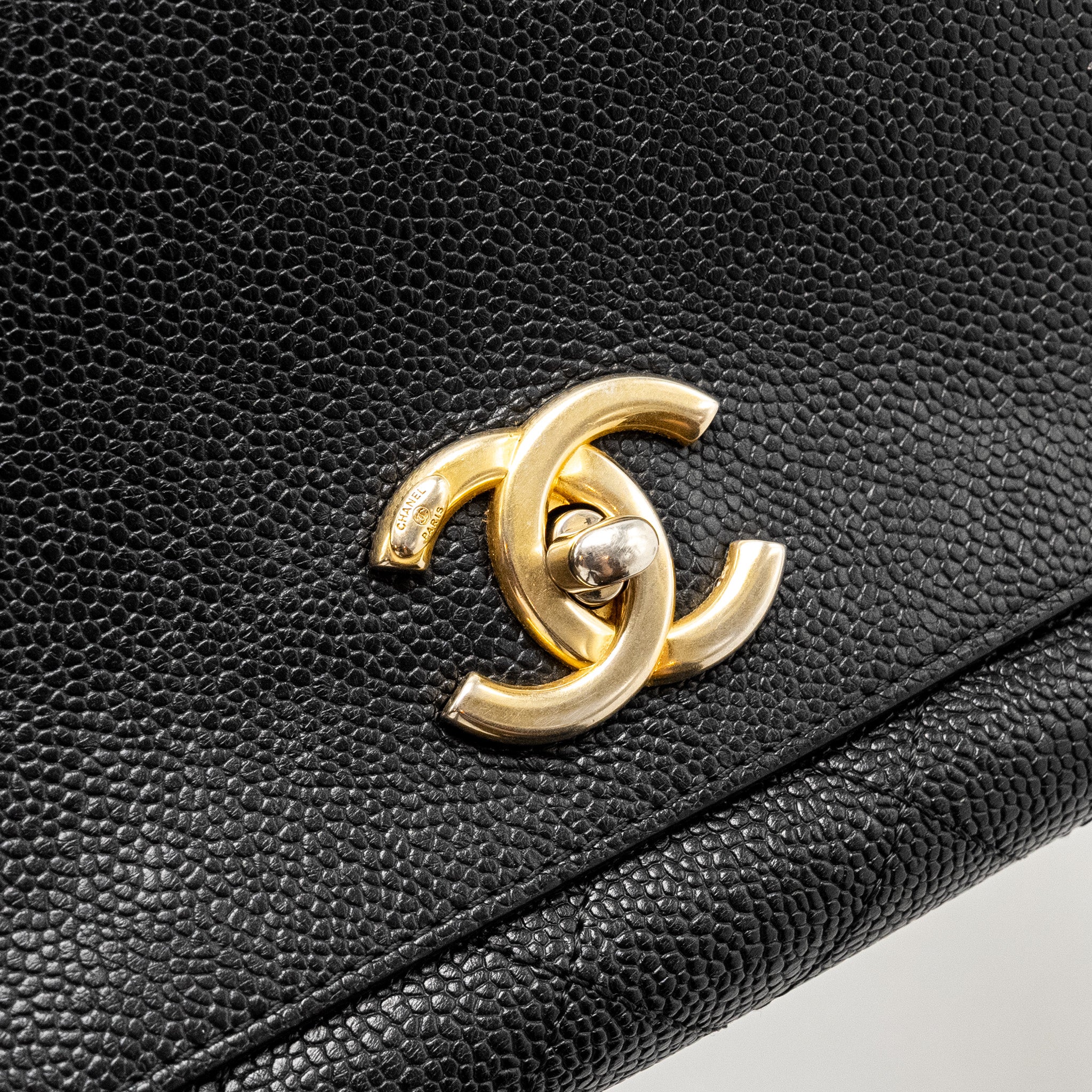 CHANEL LARGE TOP HANDLE FLAP BAG GRAINED CALFSKIN BLACK GHW