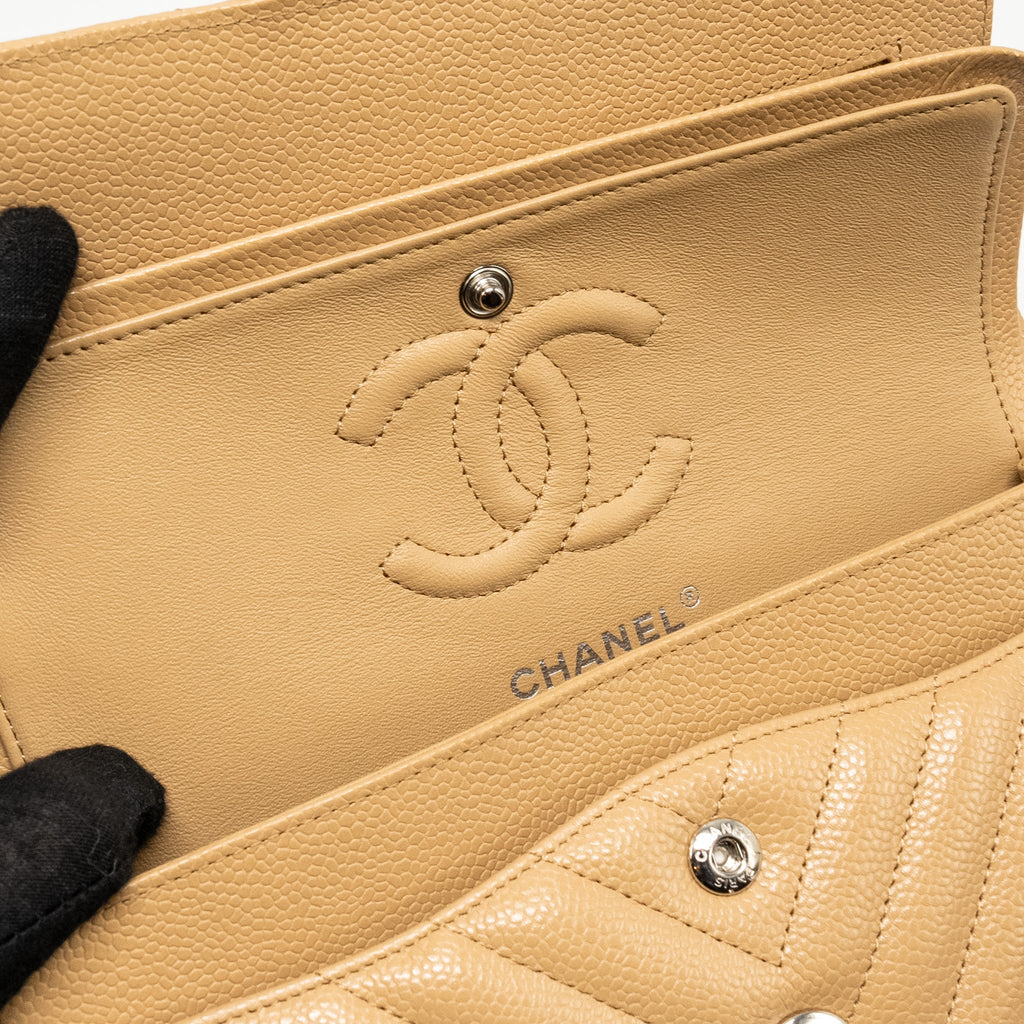 CHANEL SMALL CLASSIC DOUBLE FLAP BAG CHEVRON CAVIAR BEIGE SHW