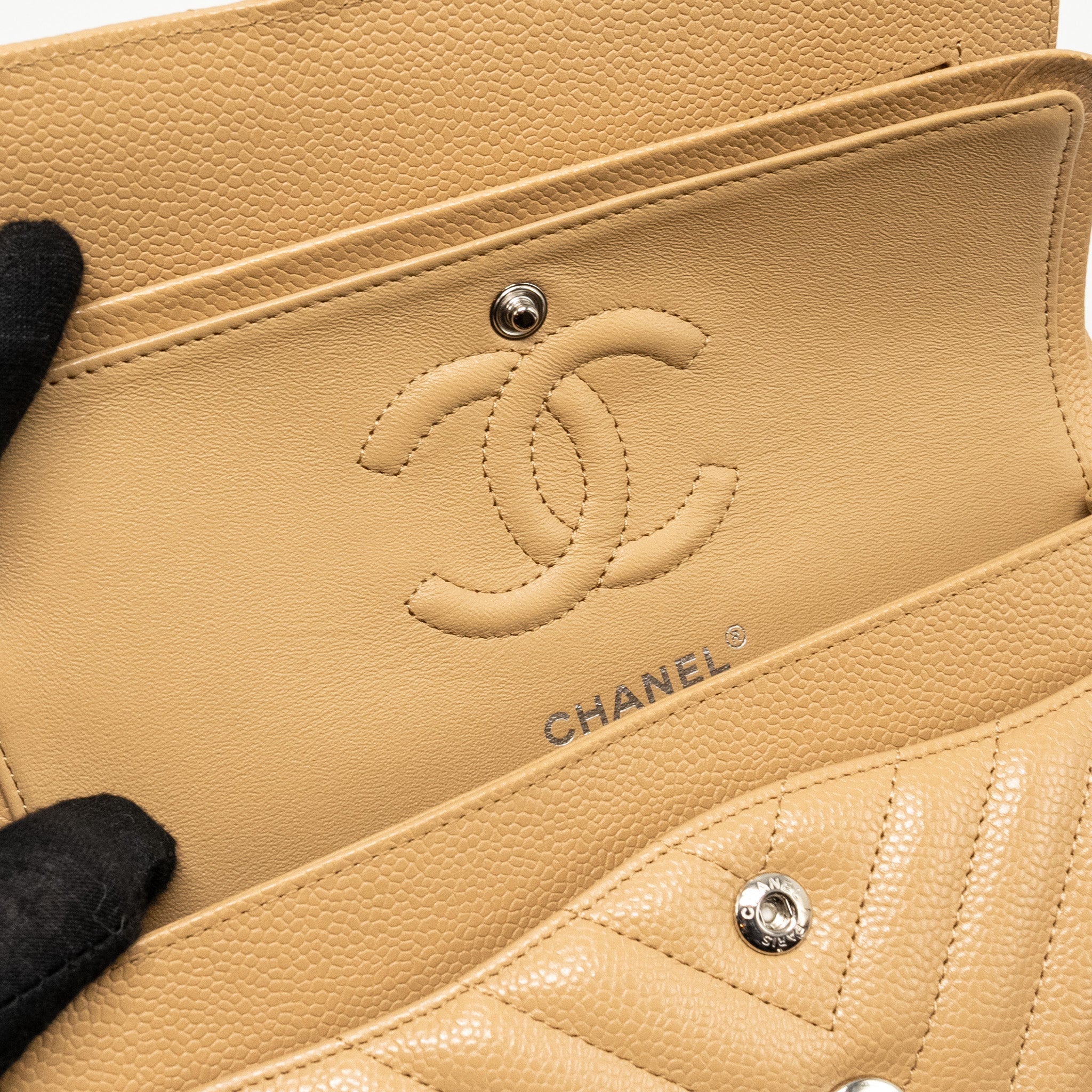 CHANEL SMALL CLASSIC DOUBLE FLAP BAG CHEVRON CAVIAR BEIGE SHW