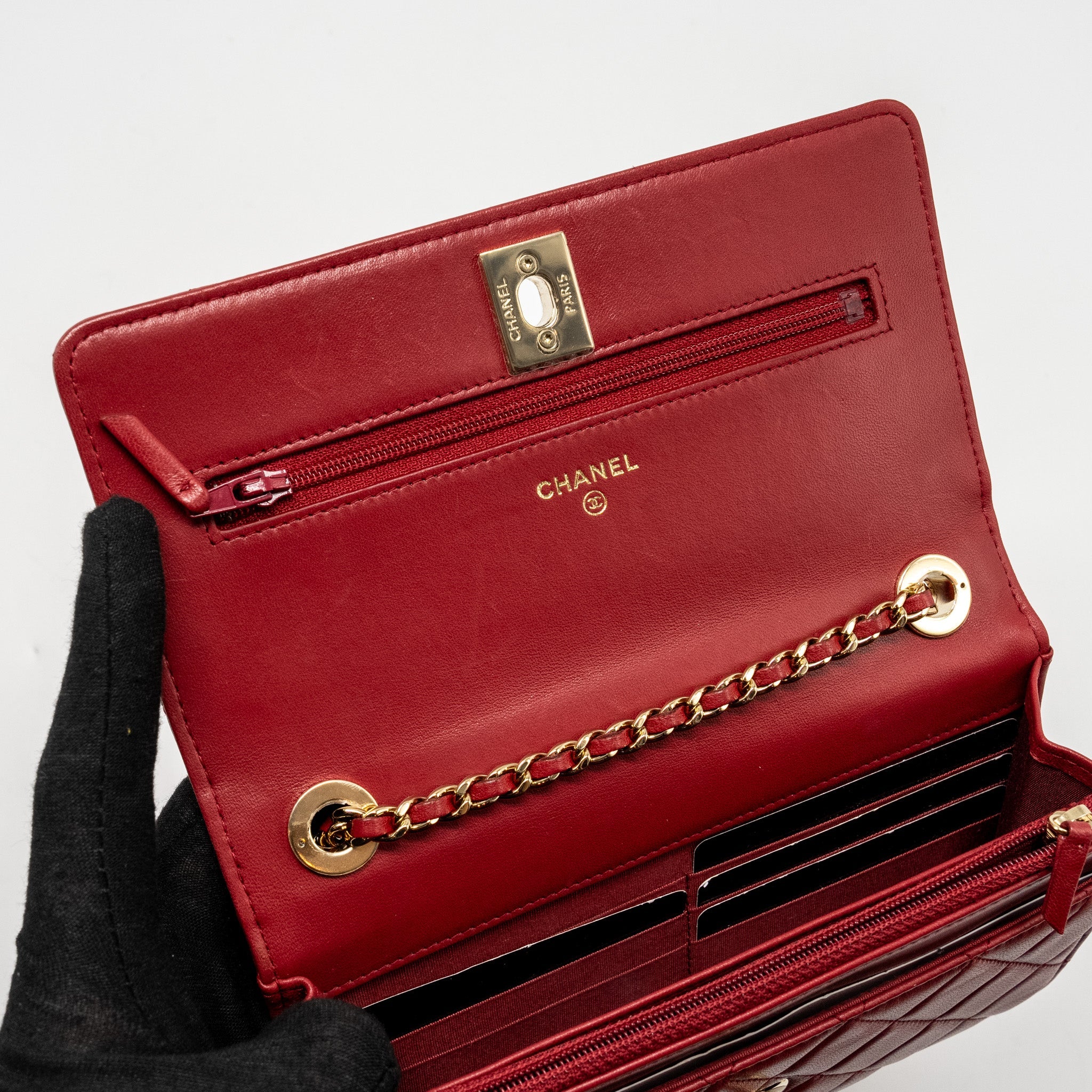 CHANEL TRENDY CC WALLET ON CHAIN LAMBSKIN RED LGHW