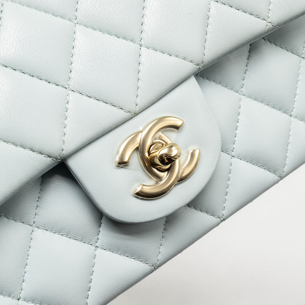 CHANEL TOP HANDLE MINI RECTANGULAR FLAP BAG LAMBSKIN LIGHT BLUE LGHW (MICROCHIP)