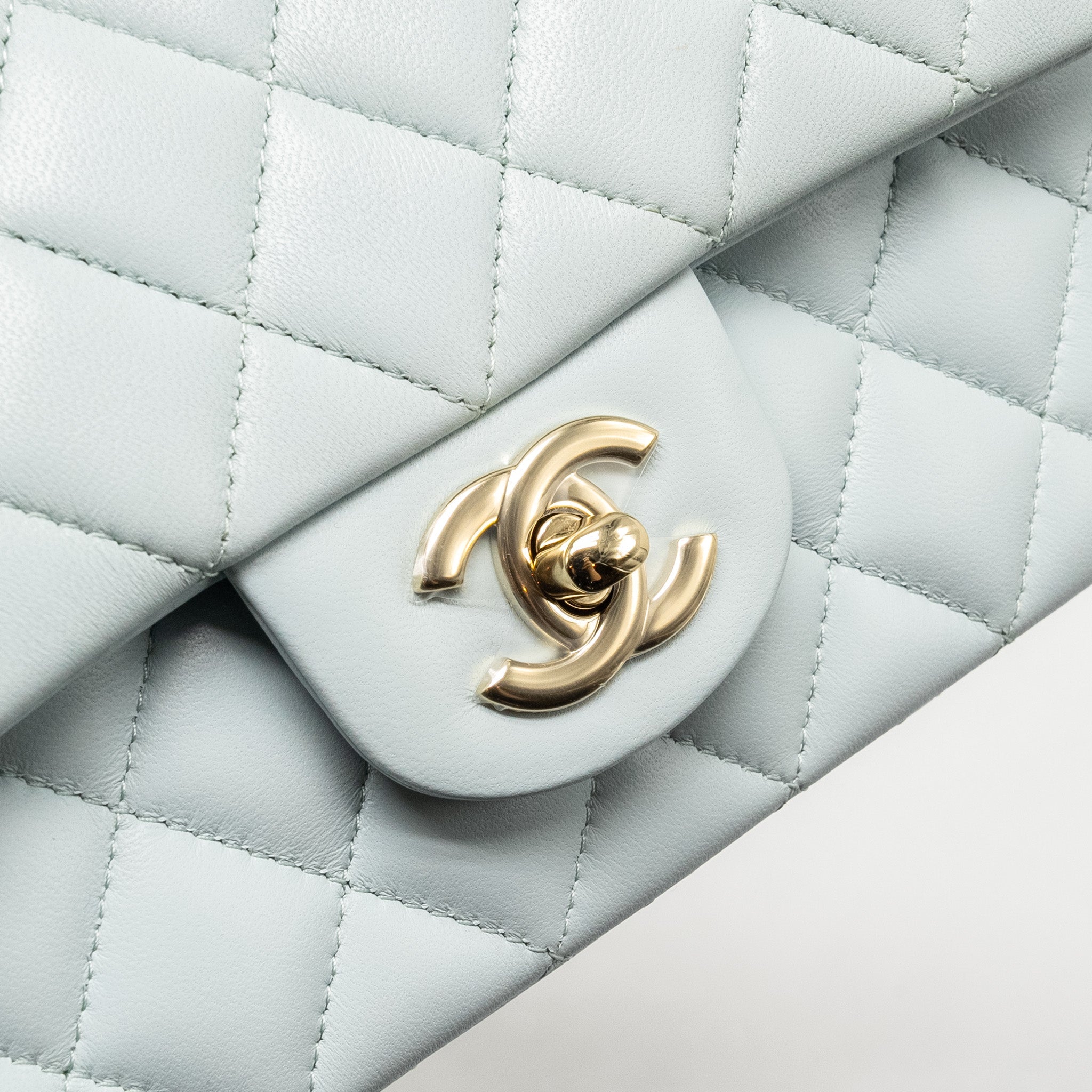 CHANEL TOP HANDLE MINI RECTANGULAR FLAP BAG LAMBSKIN LIGHT BLUE LGHW (MICROCHIP)