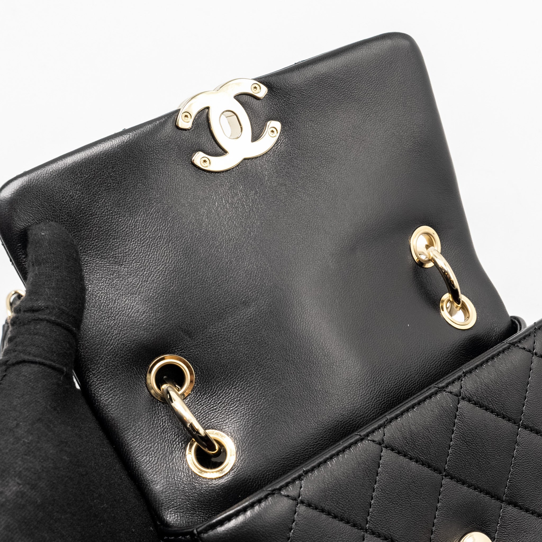 CHANEL ENAMEL CC LOGO QUILTED RECTANGULAR FLAP BAG LAMBSKIN BLACK LGHW
