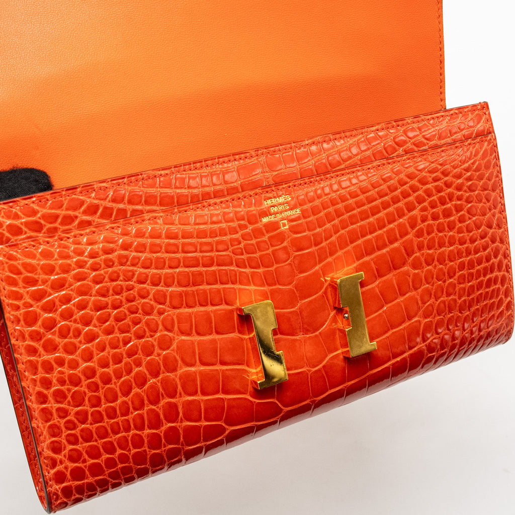 HERMES CONSTANCE LONG WALLET SHINY ALLIGATOR MISSISSIPPIENSIS ORANGE POPPY GHW