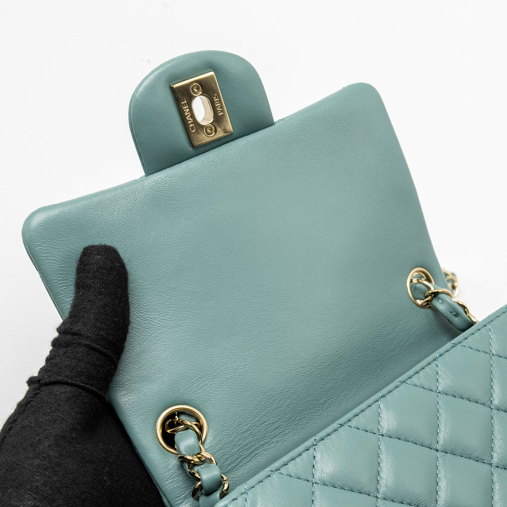 CHANEL MINI SQUARE FLAP BAG LAMBSKIN GREEN LGHW (MICROCHIP)