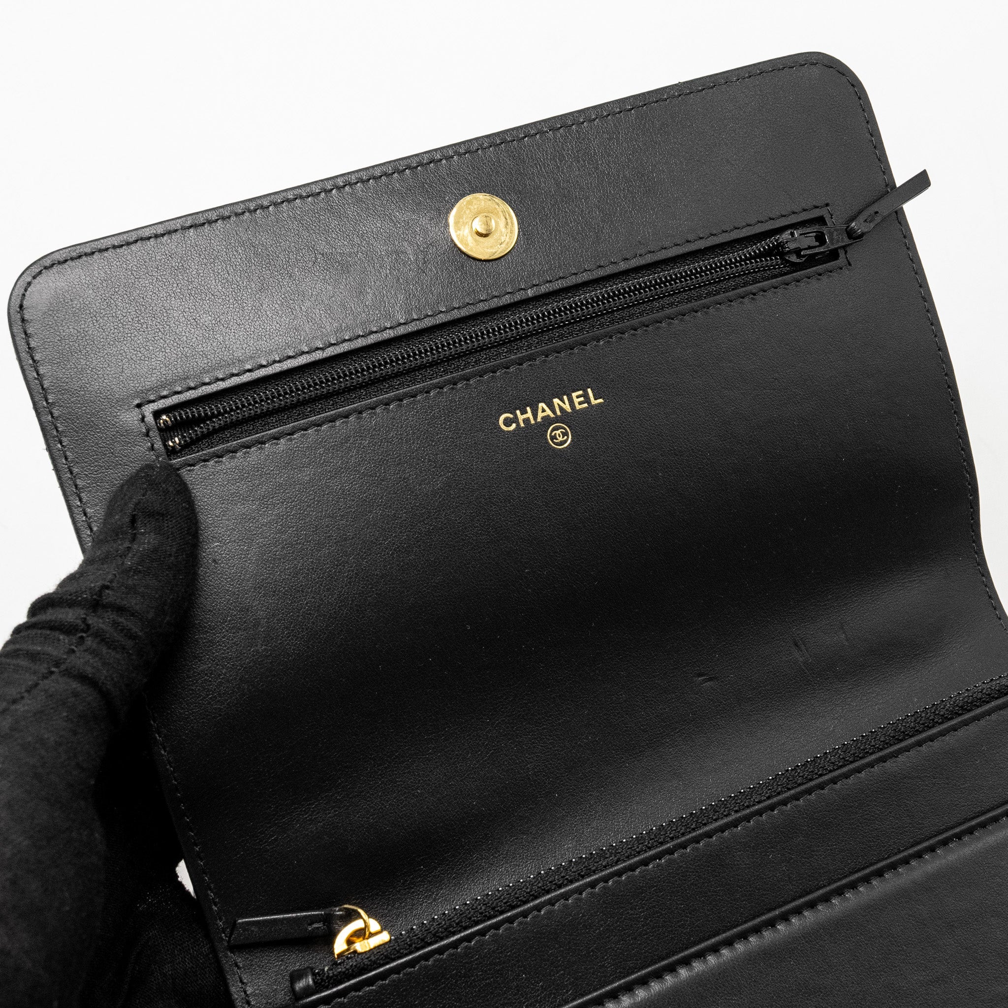 CHANEL FLAP WALLET WITH CHAIN CAVIAR BLACK GHW (MICROCHIP)