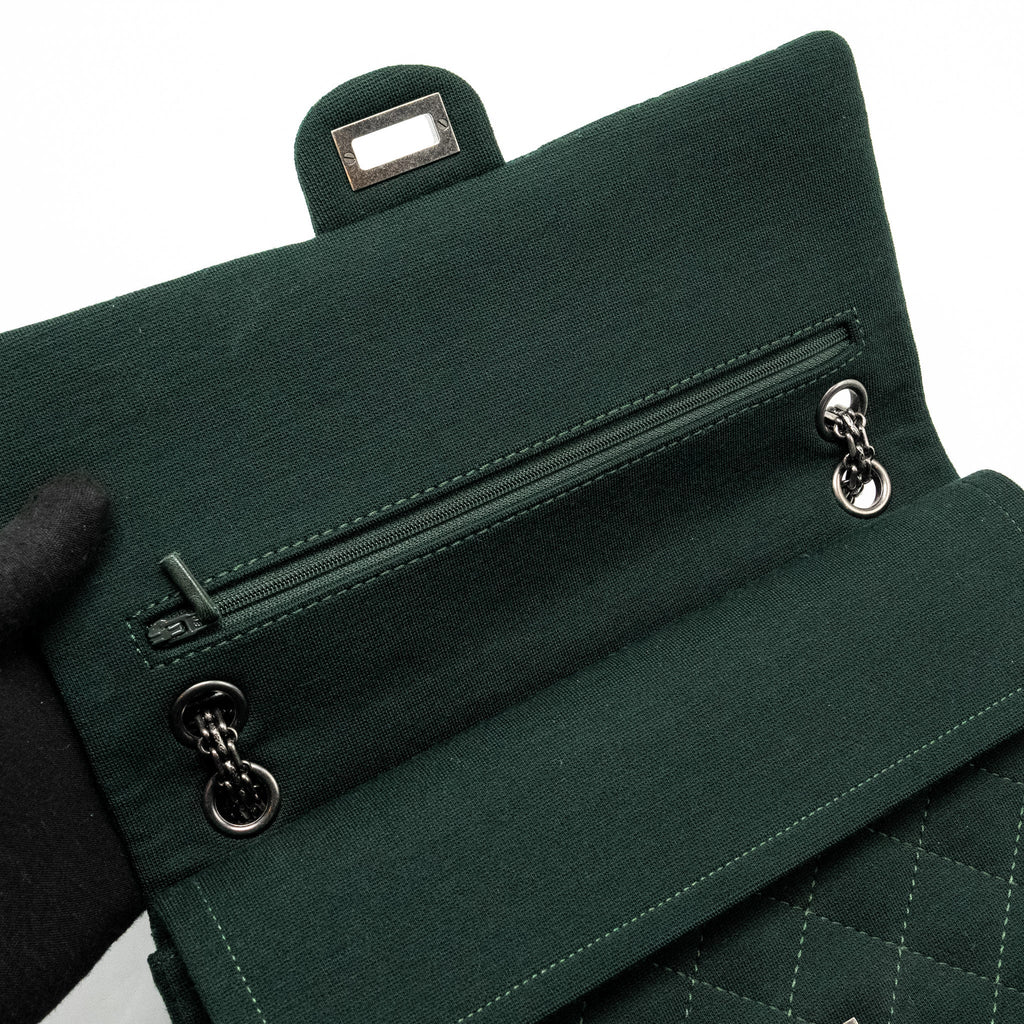 CHANEL REISSUE 2.55 226 DOUBLE FLAP BAG FABRIC DARK GREEN RUTHENIUM HARDWARE