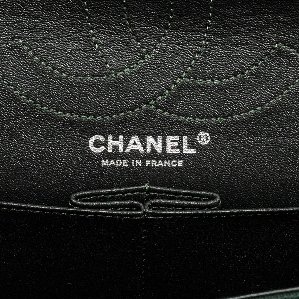 CHANEL REISSUE 2.55 226 DOUBLE FLAP BAG FABRIC DARK GREEN RUTHENIUM HARDWARE