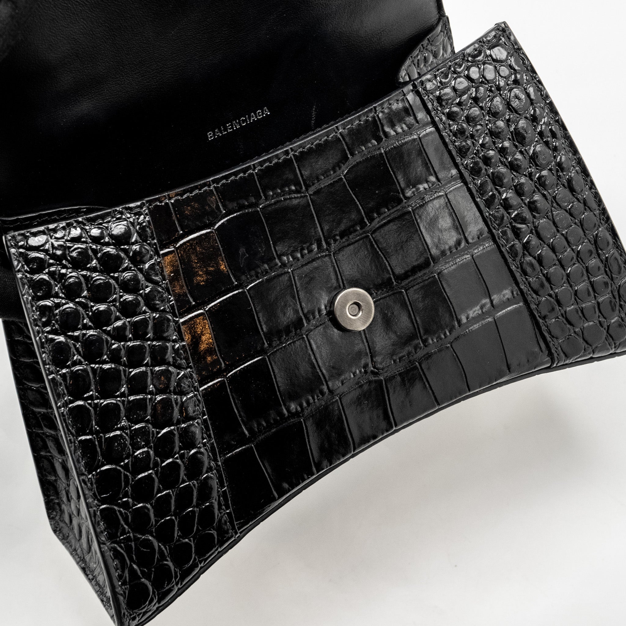 BALENCIAGA HOURGLASS S CROC-EMBOSSED CALFSKIN SO BLACK