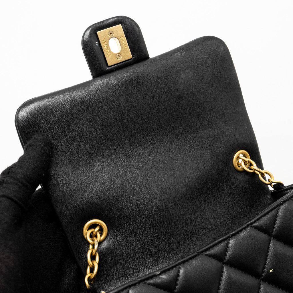 CHANEL QUILTED FLAP BAG WITH HEART CHARM CHAIN LAMBSKIN BLACK GHW (MICROCHIP)