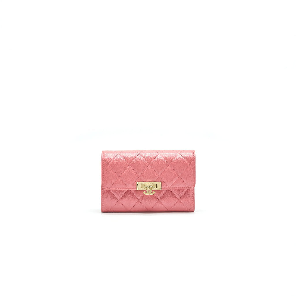 CHANEL CAVIAR MEDIUM FLAP WALLET ROSE PINK WITH GOLD CC LOGO