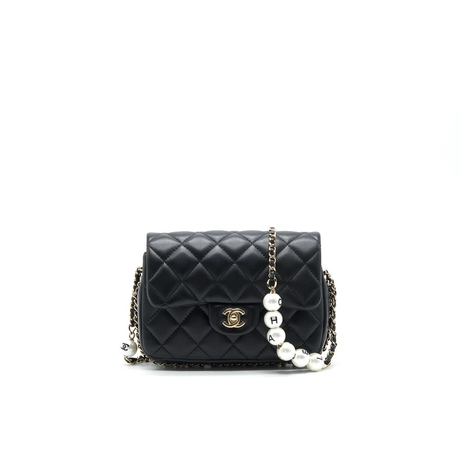 CHANEL PEARL CHAIN FLAP BAG QUILTED GRAINED LAMBSKIN BLACK LGHW