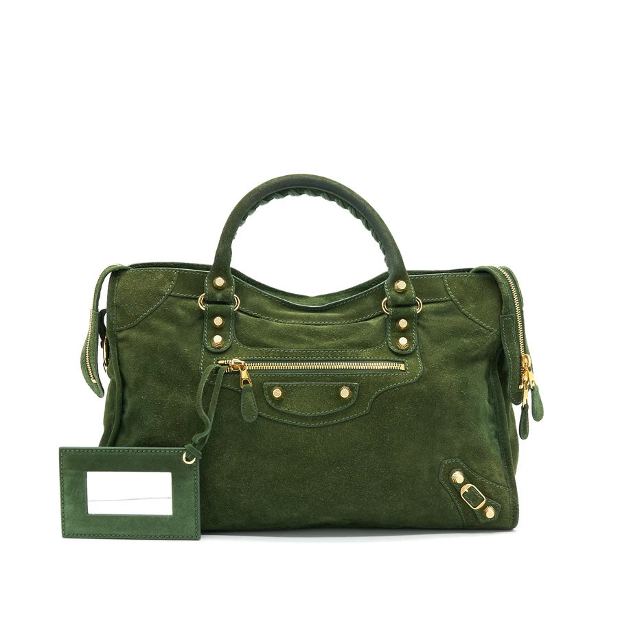 BALENCIAGA GIANT CITY BAG IN SUEDE GREEN GHW